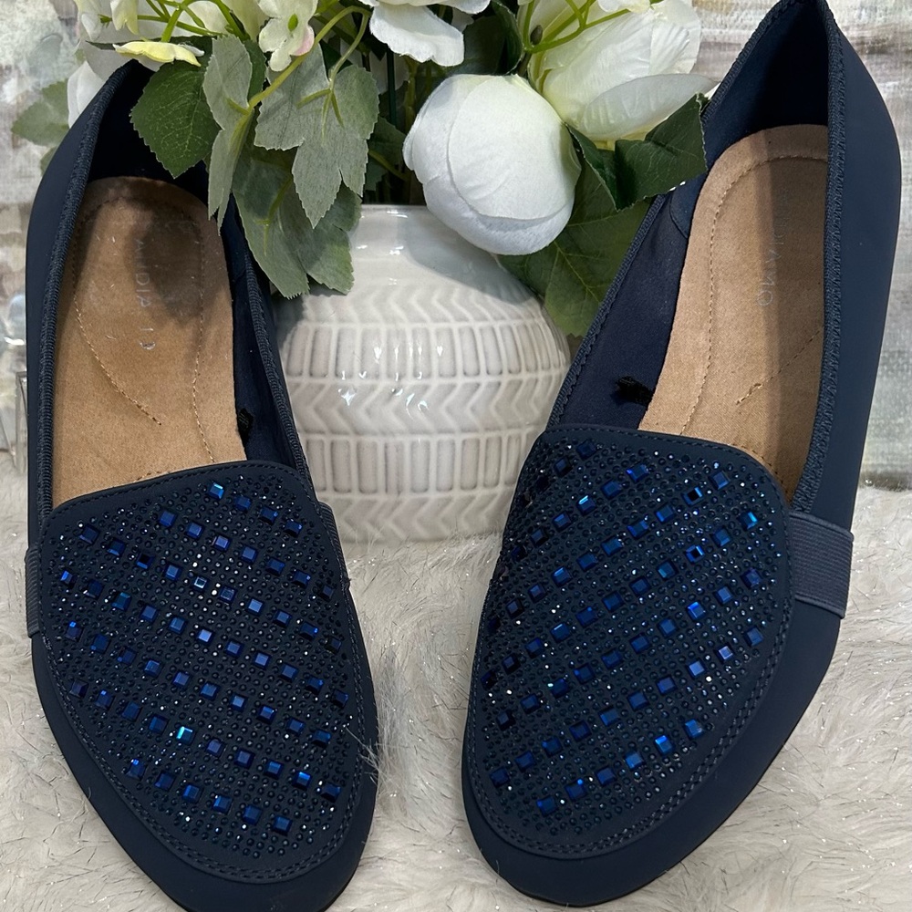 NWOT Navy Blue Embellished Slip-On Flats - Women Size 11W